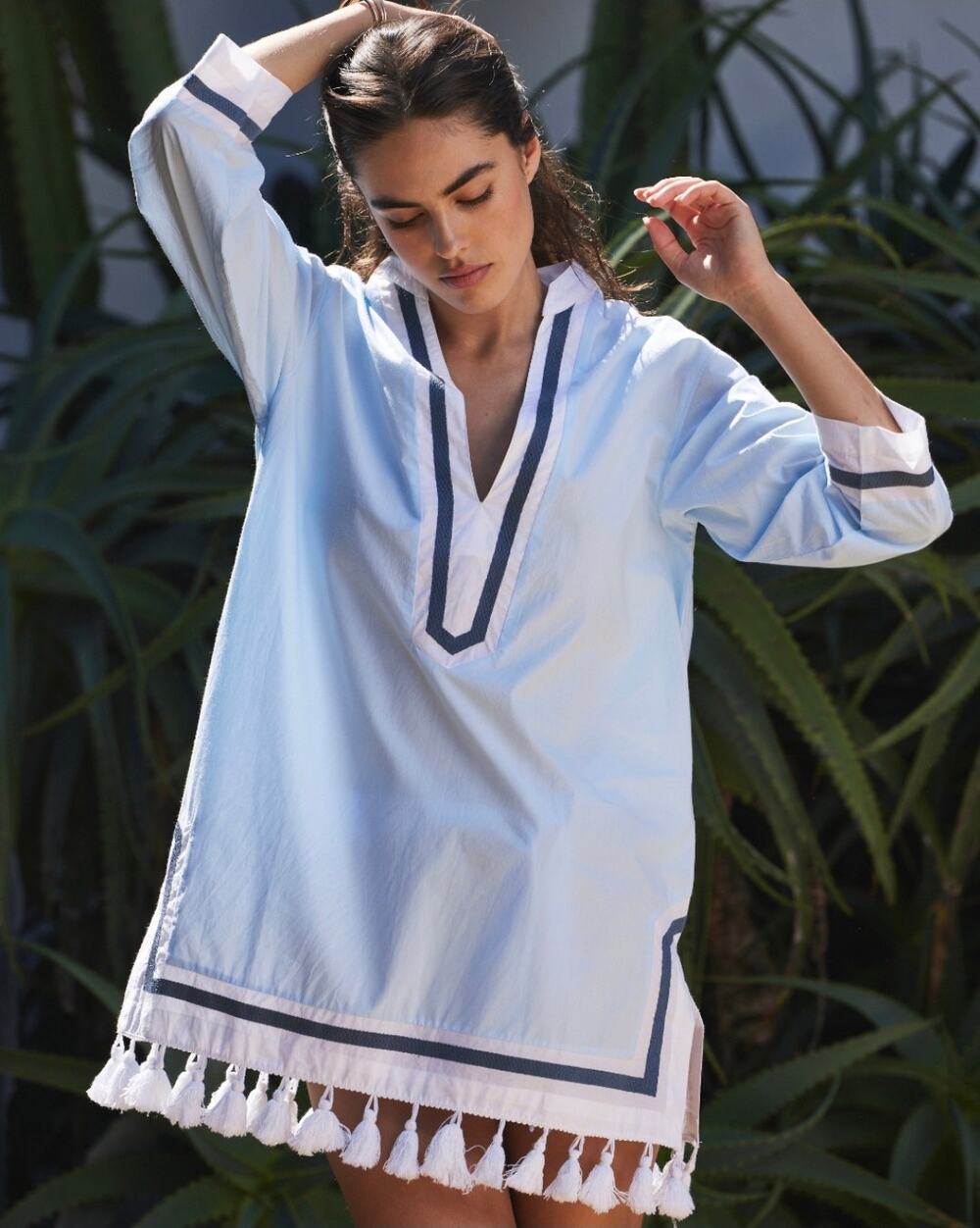 Hermoza Monica Tunic Dress Mini Cover Up Robin Blue White S Vneck Boho Beach Top - Picture 1 of 5